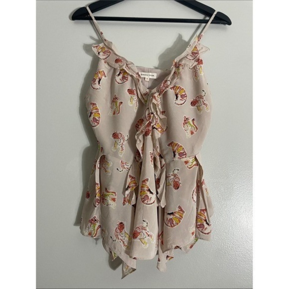 Rebecca Taylor Cami Top Silk Tiger Print Ruffle Size 4 Sleeveless Blouse - Picture 14 of 15